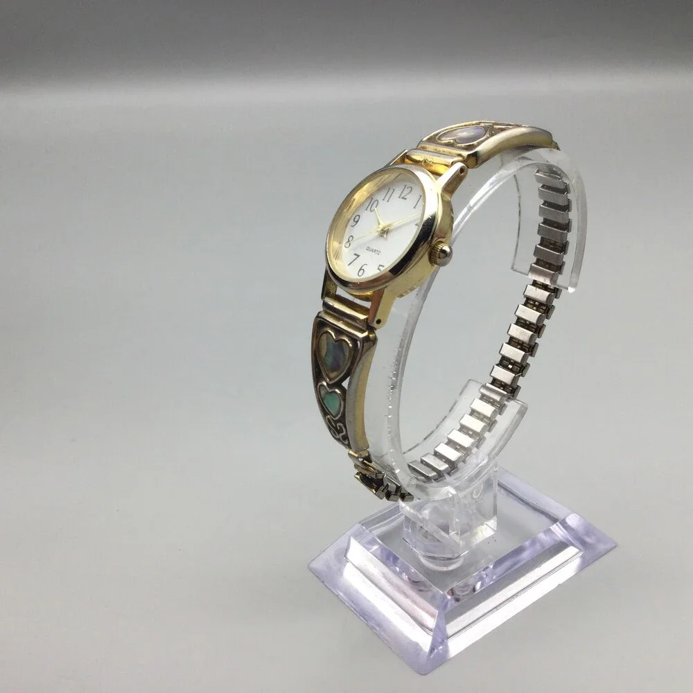 Vintage Abalone Heart Watch Womens 24mm Gold Tone Stretch Band New Battery - Picture 4 of 14